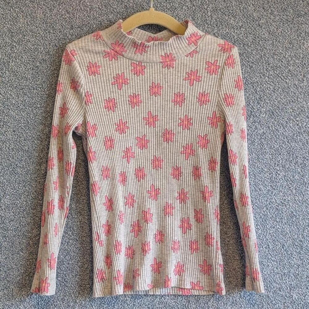 Old Navy Girls Size 5T Pink Flower Gray Mock Neck Ribbed Long Sleeve Shirt